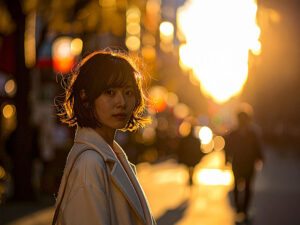 コートを着て街中に佇む若い女性