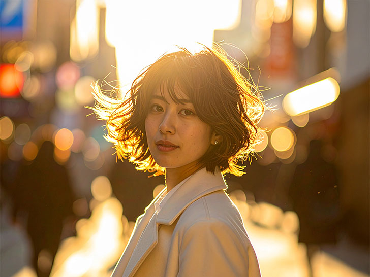 コートを着て街中に佇む若い女性
