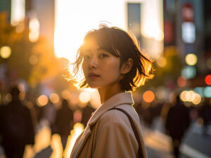 コートを着て街中に佇む若い女性