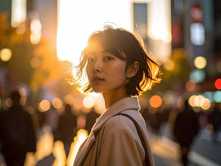 コートを着て街中に佇む若い女性