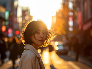 コートを着て街中に佇む若い女性