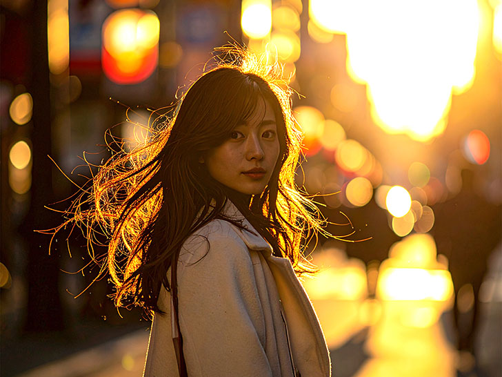 コートを着て街中に佇む若い女性