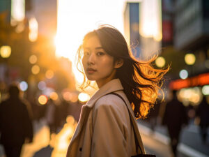 コートを着て街中に佇む若い女性