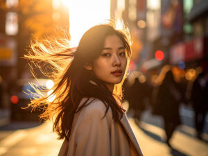 コートを着て街中に佇む若い女性