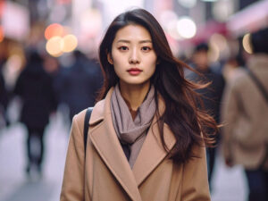 コートを着て街中に佇む若い女性