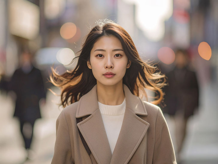 コートを着て街中に佇む若い女性