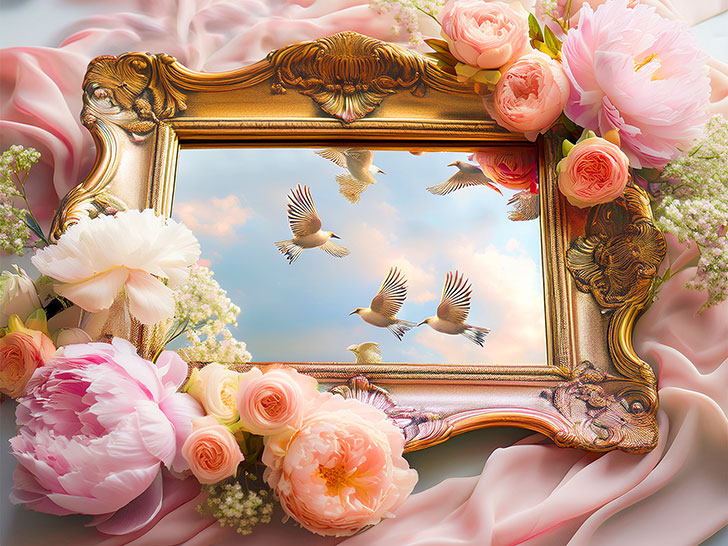 豪華な鏡と美しい芍薬の花