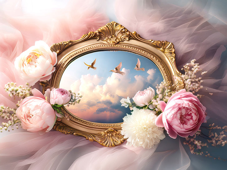 豪華な鏡と美しい芍薬の花