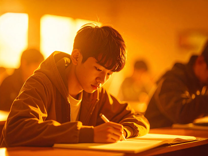 教室でノートをとる男の子