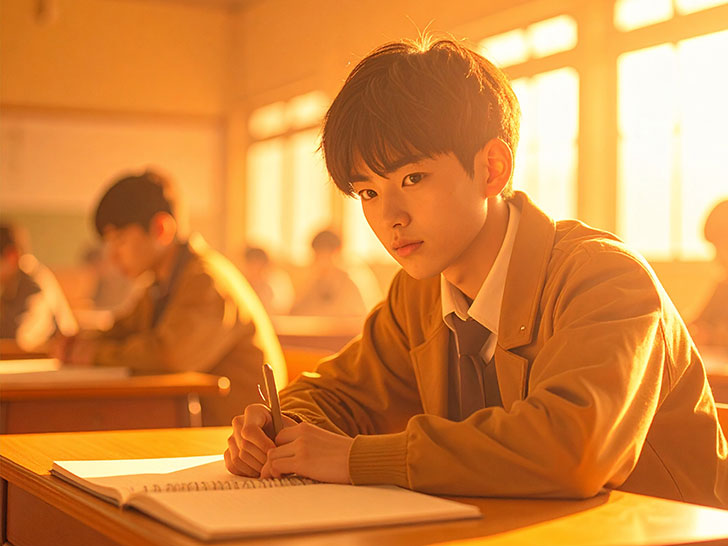 教室でノートをとる男の子