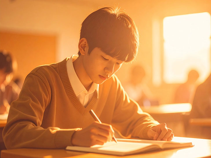 教室でノートをとる男の子