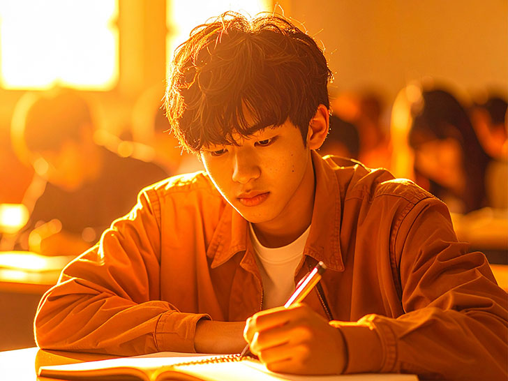 教室でノートをとる男の子