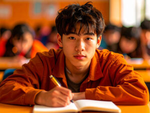 教室でノートをとる男の子