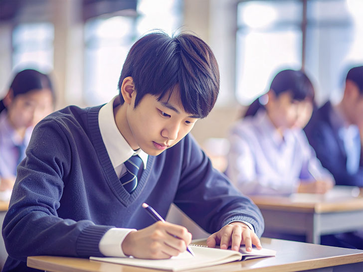 教室でノートをとる男の子