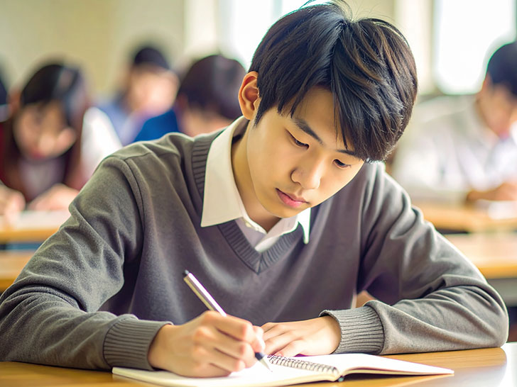 教室でノートをとる男の子