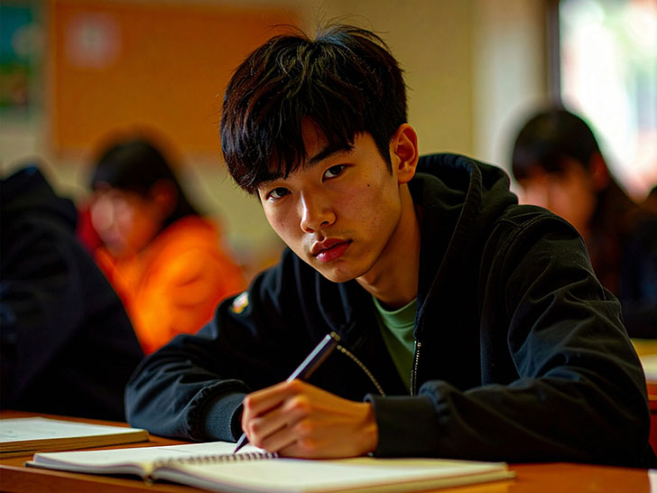 教室でノートをとる男の子