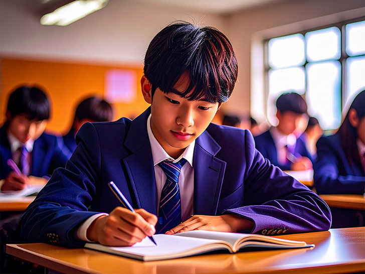 教室でノートをとる男の子