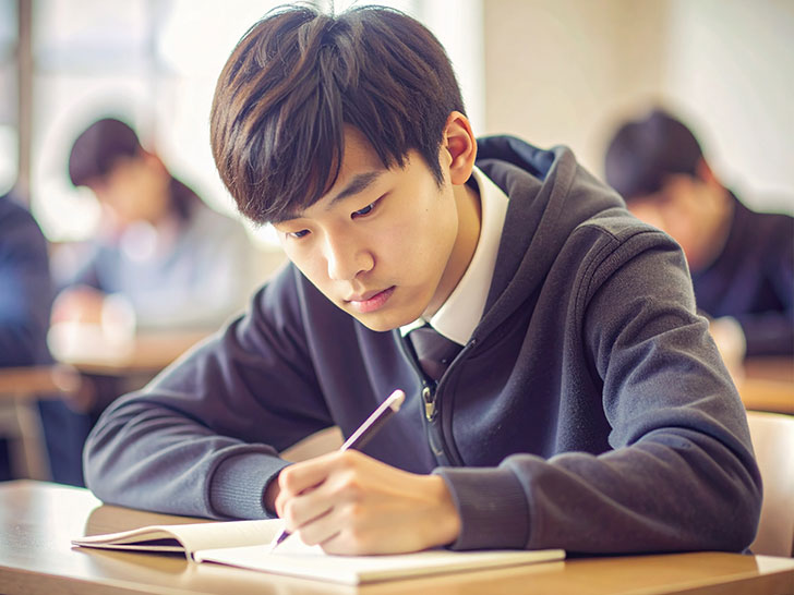 教室でノートをとる男の子