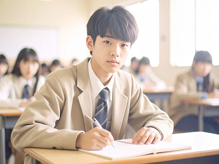 教室でノートをとる男の子