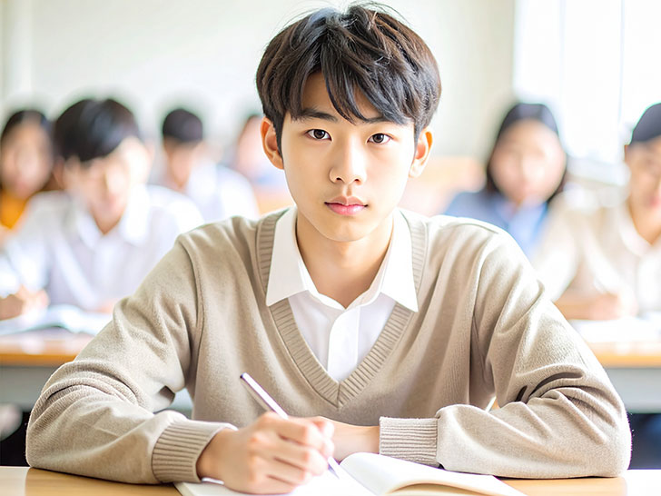 教室でノートをとる男の子