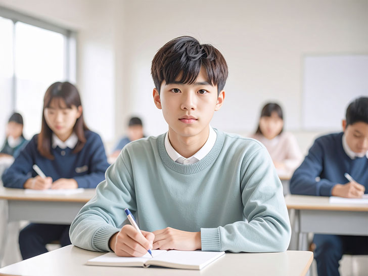 教室でノートをとる男の子