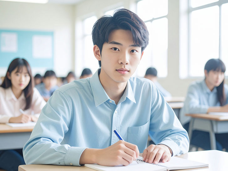 教室でノートをとる男の子