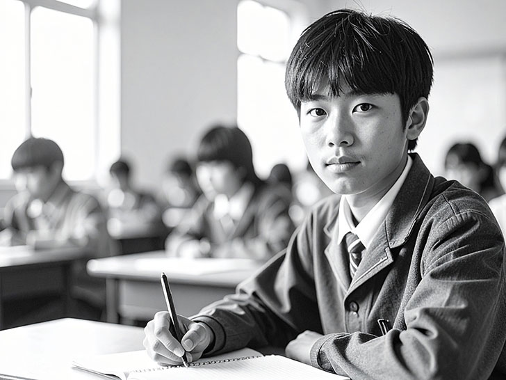 教室でノートをとる男の子