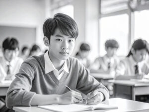 教室でノートをとる男の子