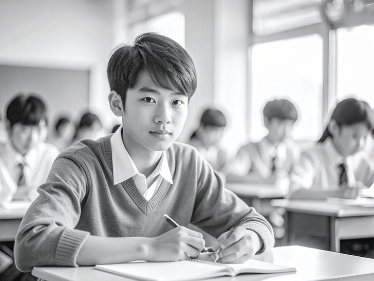 教室でノートをとる男の子