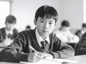 教室でノートをとる男の子