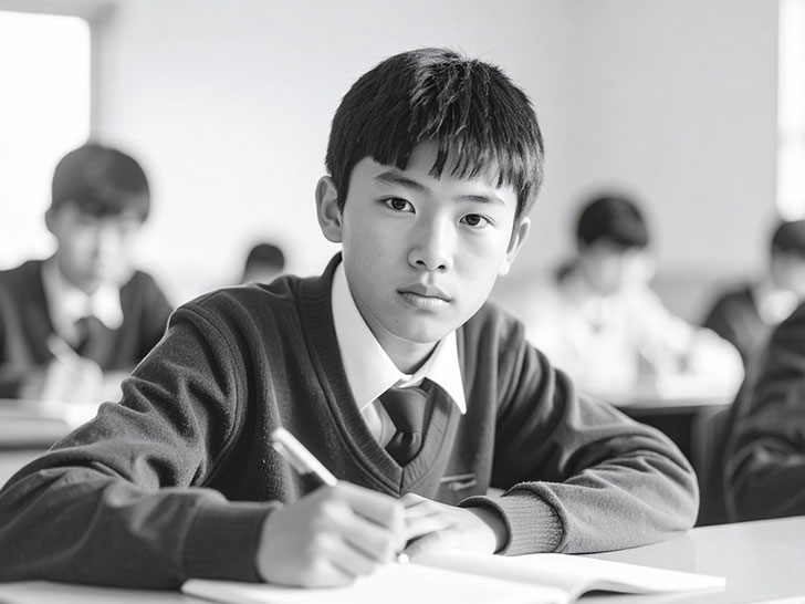 教室でノートをとる男の子