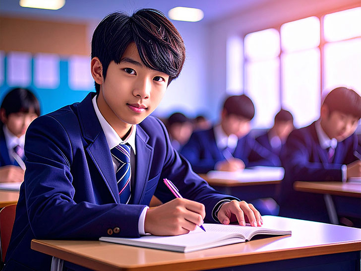 教室でノートをとる男の子