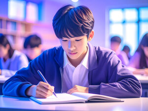 教室でノートをとる男の子