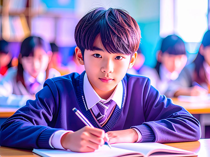 教室でノートをとる男の子