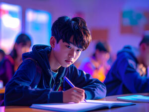 教室でノートをとる男の子