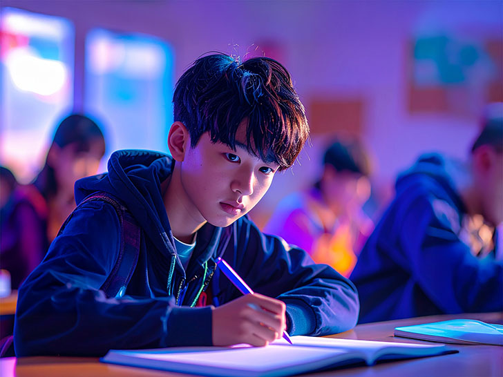 教室でノートをとる男の子