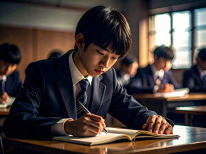 教室でノートをとる男の子