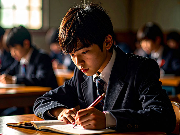 教室でノートをとる男の子