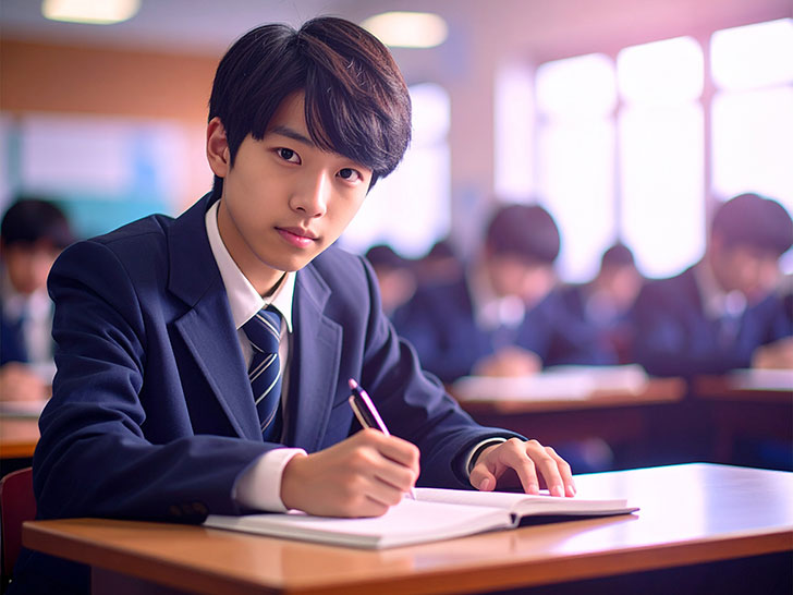 教室でノートをとる男の子