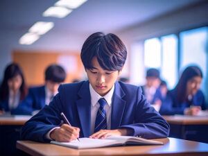 教室でノートをとる男の子