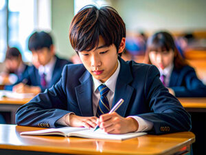 教室でノートをとる男の子