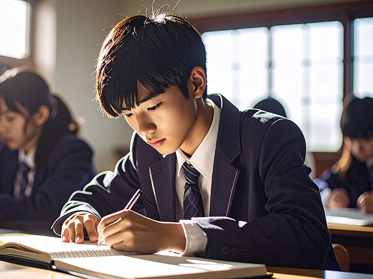 教室でノートをとる男の子
