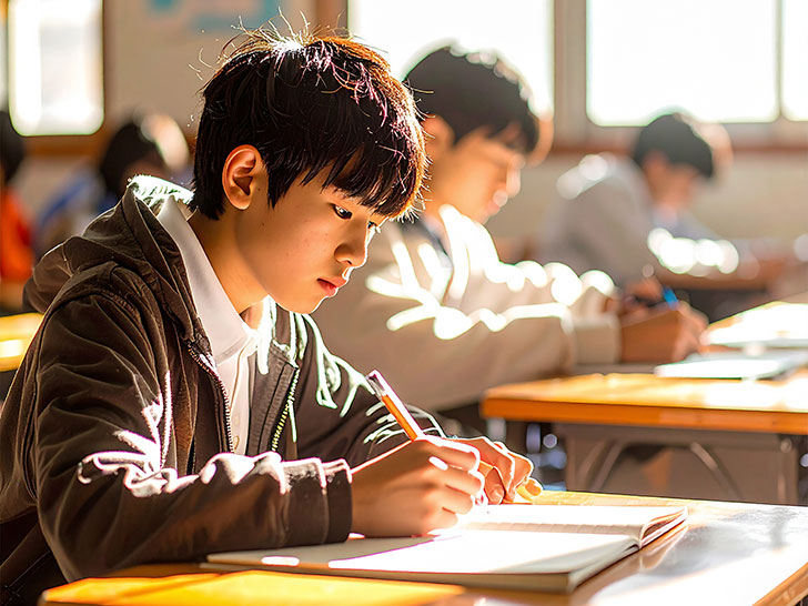 教室でノートをとる男の子