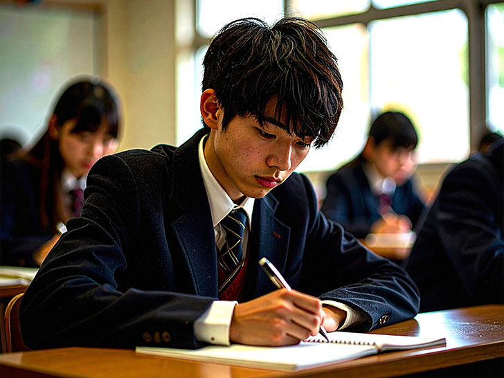 教室でノートをとる男の子