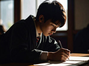 教室でノートをとる男の子