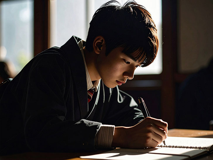 教室でノートをとる男の子