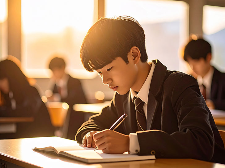 教室でノートをとる男の子