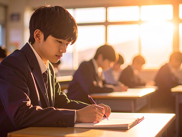 教室でノートをとる男の子