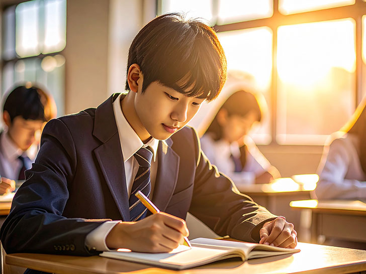 教室でノートをとる男の子