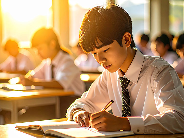 教室でノートをとる男の子